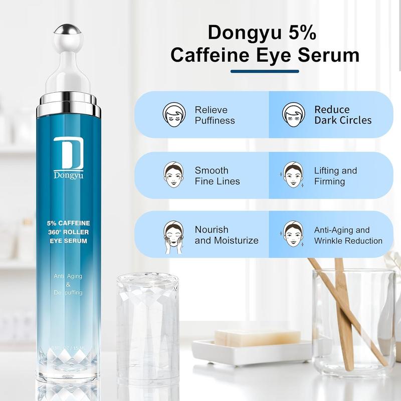 Dongyu 5% Caffeine Eye Serum Features A 360° Massage Ball Applicator That Effectively Reduces Dark Circles, Puffiness, Wrinkles, And Fine Lines