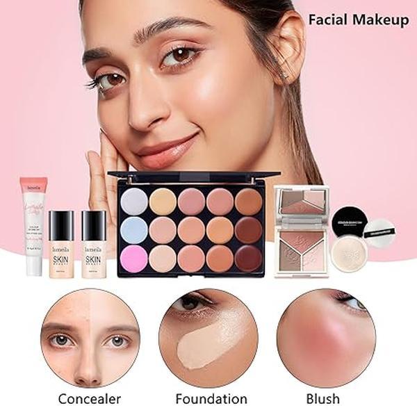 All in One Makeup Kit for Women Full Kit, Make Up Gift Set for Women, Makeup Essential Bundle Includes Foundation Face Primer Eyeshadow Contour Palette Lipstick Eyeliner Mascara Cosmetic Brush Set Concealer Daily