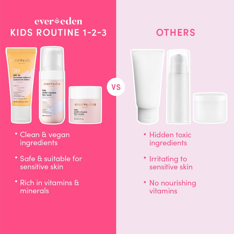 Evereden Kids Daily 1-2-3 Routine - Clean, Safe Ingredients for Pre-Teens - Face Wash, Face Cream, Mineral SPF 30, Free Body Lotion Cleanser Skincare