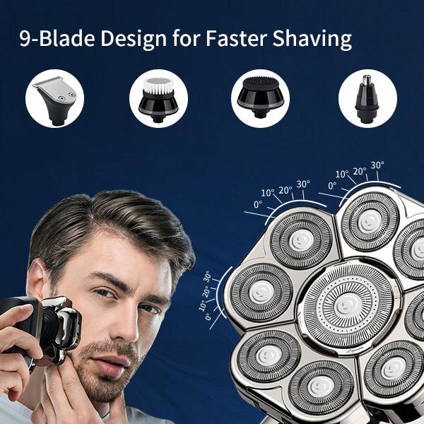 CHIN Upgrade 9D Electric Head Shaver for Bald Men,LED Display,IP67 Waterproof Men's Rotary Head Beard Shaver,6-in-1 Grooming Kit Electric 9D Shaver for Wet Dry Shaving,Floating Head Shaver for Men,Cordless Razor Comfort,Gift for Men Smooth electric shaver