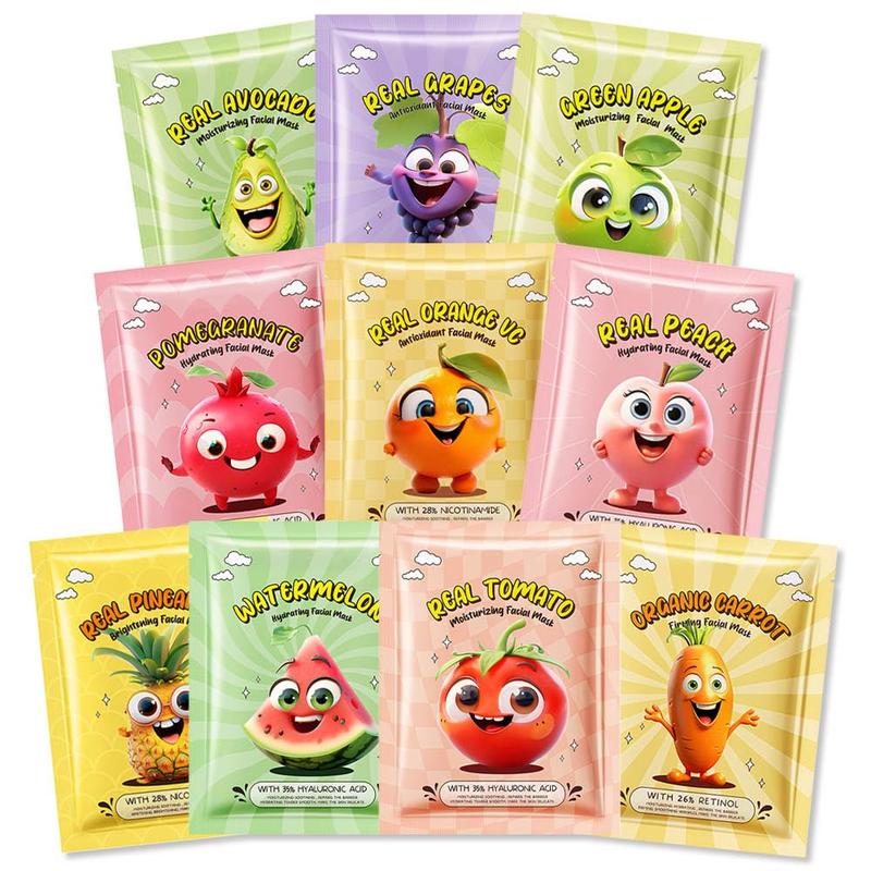 10 Pack Fruit Face Masks for Kids, Spa Party Facial Mask Skincare Set, Sheet Masks Skin Care, Moisturize Brighten Soothe for All Skin Types, Christmas Birthday Gifts for Women Men Girls, 01