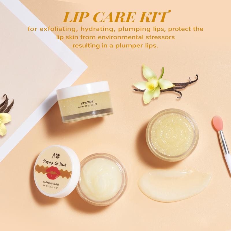 ANAiRUi Vanilla+Collagen Lip Care Kit - Lip Sleeping Mask & Lip Scrub, 12h Overnight Moisturizing Lip Balm for Dry, Chapped Lip Skincare Lipcare Set