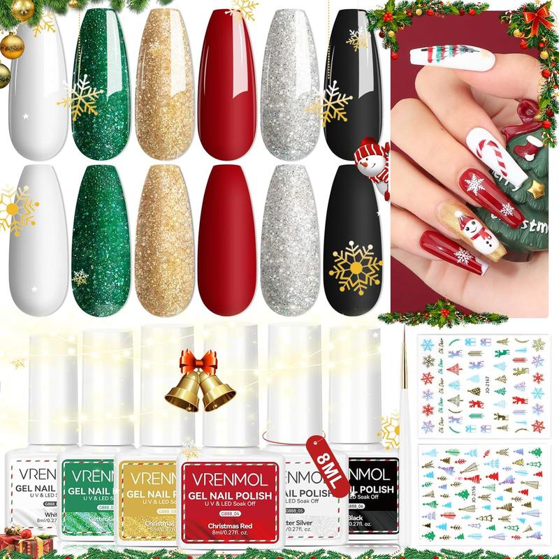 Glitter Gel Polish Set - 6 Colors 0.27oz Red Green Gold Silver Soak-off LED Nail Polish Kit with Stickers and Liner Brush for Home Salon