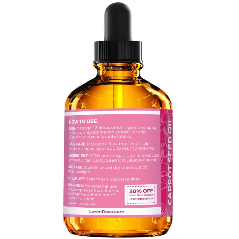 Leven Rose Carrot Seed Oil  2 oz - Natural, Organic, Cold-Pressed, Unrefined Beauty Serum for UV Sunscreen Damage, Anti-Aging, Skin Repair & Comfort