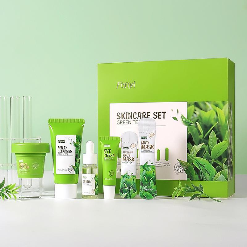 Green Tea Cleansing Beauty Skincare Kit, 6pcs set Comfort Skincare Set Including Facial Cleanser & Essences & Eye Cream & Night Cream & Mask Sheet & Face Mask Mud