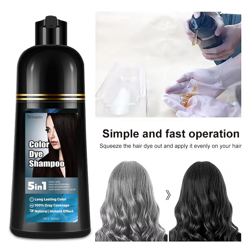 Brinano hair dye shampoo 5-in-1, herbal ingredients suitable for white hair, with a gray coverage rate of 100%, does not harm the skin, has no irritating odor, is easy to operate, and is used for hair care, nourishment, moisturization, and hair gloss