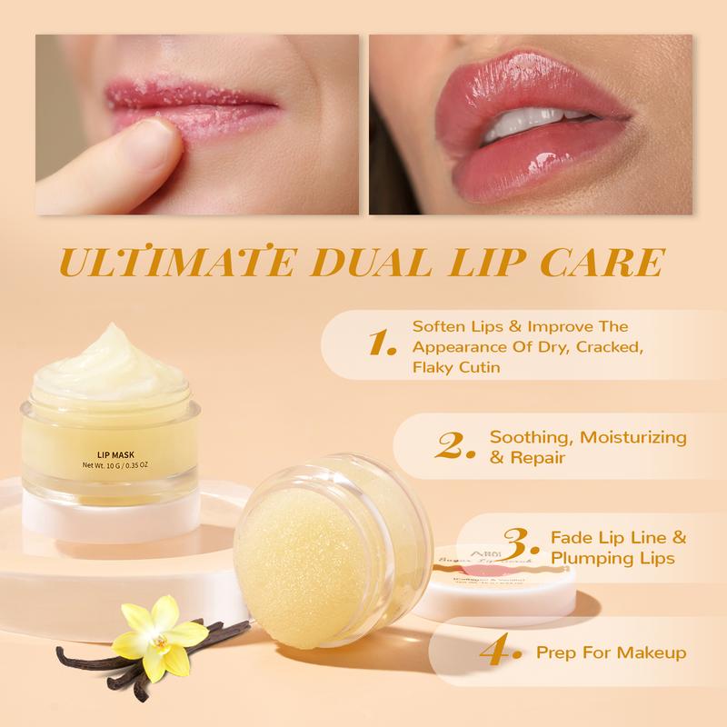 ANAiRUi Vanilla+Collagen Lip Care Kit - Lip Sleeping Mask & Lip Scrub, 12h Overnight Moisturizing Lip Balm for Dry, Chapped Lip Skincare Lipcare Set