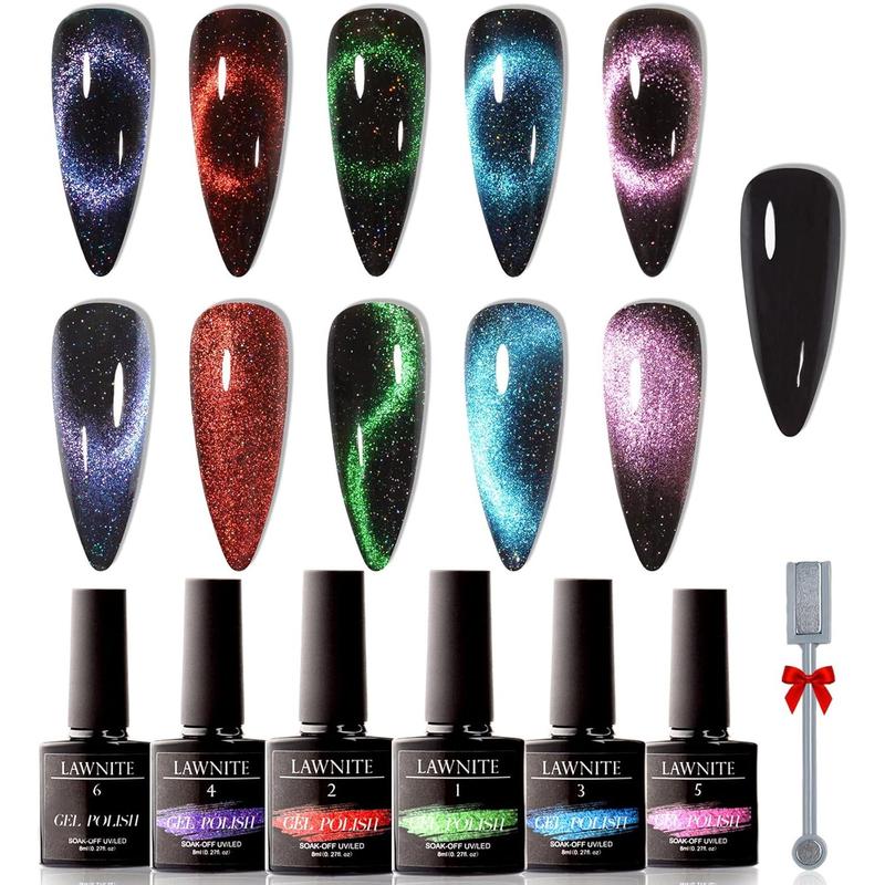 9D Cat Eye Gel Nail Polish Set Holographic Magnetic Nail Polish, 5 Colors Cateye Gel Polish with Blac Base Nail Polish and 1* Magnet Fall Color Soa Off Nail Art Manicure Women Gift