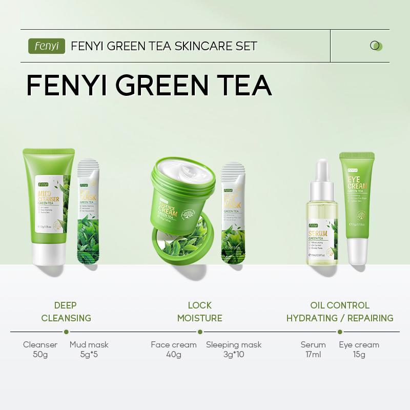 Green Tea Cleansing Beauty Skincare Kit, 6pcs set Comfort Skincare Set Including Facial Cleanser & Essences & Eye Cream & Night Cream & Mask Sheet & Face Mask Mud