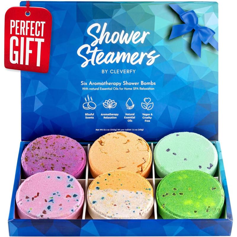 Cleverfy Shower Steamers Aromatherapy - Christmas Box of 6 Premium Shower Bombs with Essential Oils. Self Care Christmas Gifts for Teen Girls and Women. Blue Set