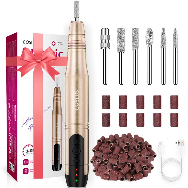 COSLUS Cordless Nail Drill Electric File: Professional for Acrylic Gel Dip Powder Nails Portable Nail Drill Machine Kit for Manicure Pedicure Nail Set, 6 Hours Battery Life, Low Heat & Vibration. For Hand and Toe Nails.