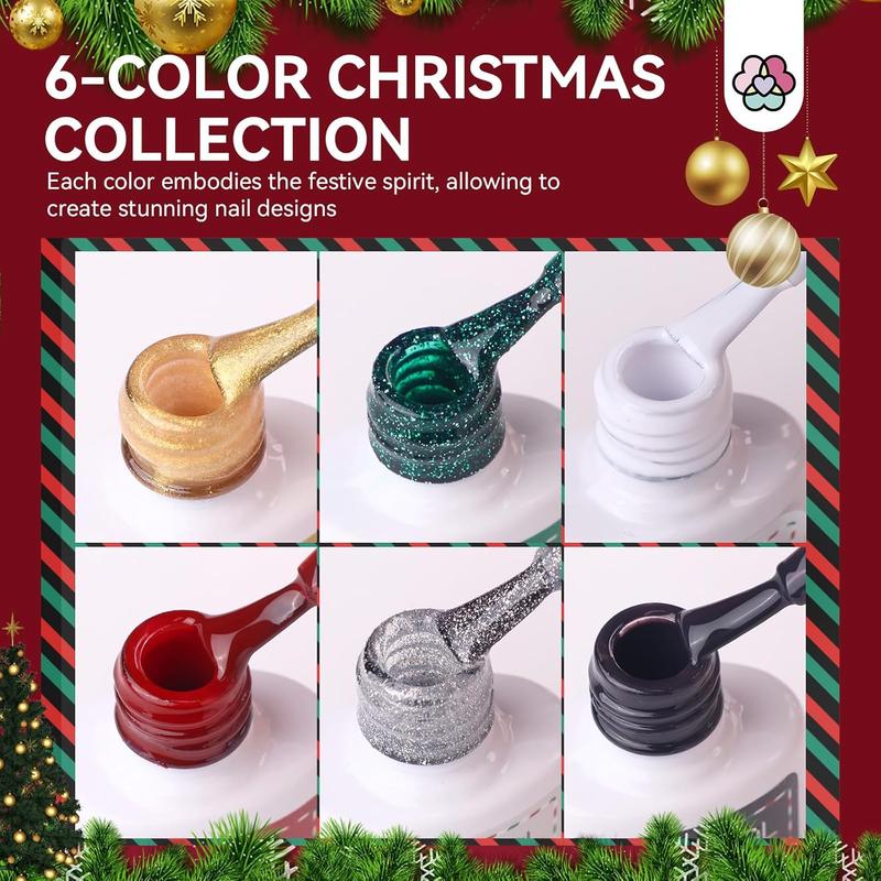 Glitter Gel Polish Set - 6 Colors 0.27oz Red Green Gold Silver Soak-off LED Nail Polish Kit with Stickers and Liner Brush for Home Salon