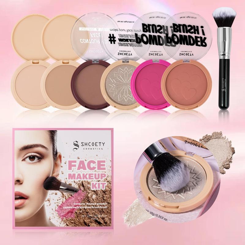 Face Makeup Kit, 1 Set Long Lasting Matte & Glitter Makeup Palette with Brush, Pressed Powder & Contouring & Highlighter & Blush, Cosmetic Gift for Women & Girls