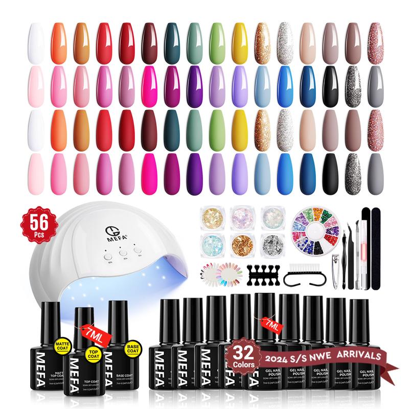 MEFA 56 Pcs Gel Nail Polish Kit with U V Light 48W Nail Dryer, 32 Colors Nude Pink Gray Gel Nail Polish Set with Base and Matte Glossy Top Coat Nail Art Decorations Manicure Tools DIY Salon Home Gifts