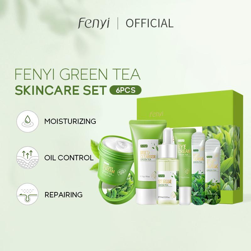 Green Tea Cleansing Beauty Skincare Kit, 6pcs set Comfort Skincare Set Including Facial Cleanser & Essences & Eye Cream & Night Cream & Mask Sheet & Face Mask Mud