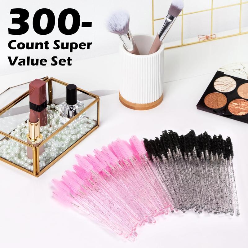 300 Pcs Disposable Mascara Wands, Crystal Eyelash Brush Eyebrow Spoolies for Eyelash Extensions, Pink & Black Mascara Brush