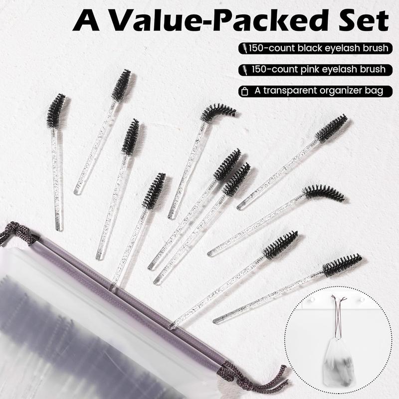 300 Pcs Disposable Mascara Wands, Crystal Eyelash Brush Eyebrow Spoolies for Eyelash Extensions, Pink & Black Mascara Brush