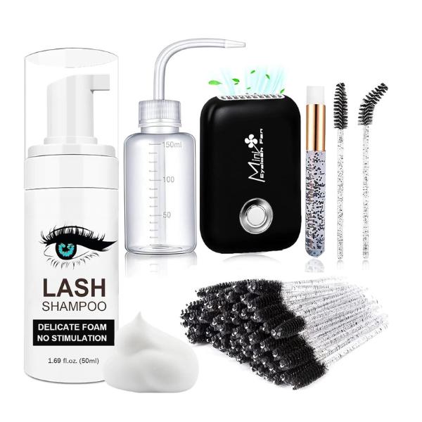 Handheld Blower for Eyelash Extensions, 3 Wind Speed Eyelash Fan Lash Shampoo Kits, 50 Pcs Mascara Brushes+ Nose Brush+ Wash Bottle For Lash Wash