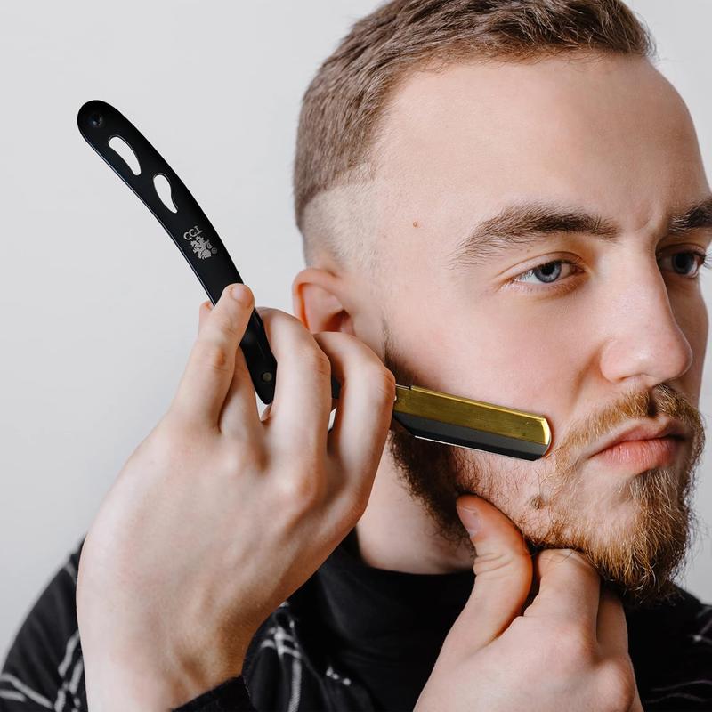 The Cambridge Cutthroat Cut Throat Razor Kit with Travel Pouch - Black and Gold Stainless Steel Professional Barber Razor Men - Single Blade Straight Edge Razor - Moustache Shaver & Beard Shaper