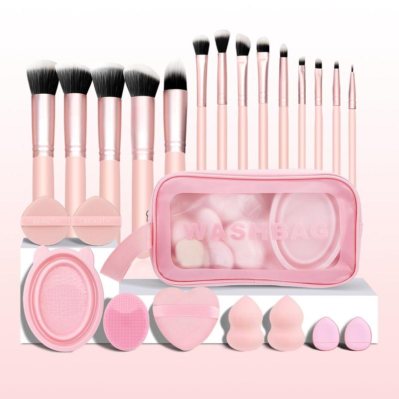 Makeup Brush Set with Storage Bag, 24  27pcs set Makeup Brushes & Sponges & Brush Cleaning Bowl & Headband & Wristbands, Professional Makeup Tools for Women