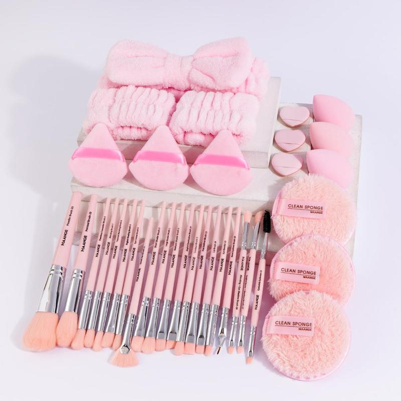 Professional Makeup Tool Set, 35pcs set Makeup Brush & Powder Puff & Headband & Wristband & Sponge Set, Portable Makeup Tools with Soft Fiber