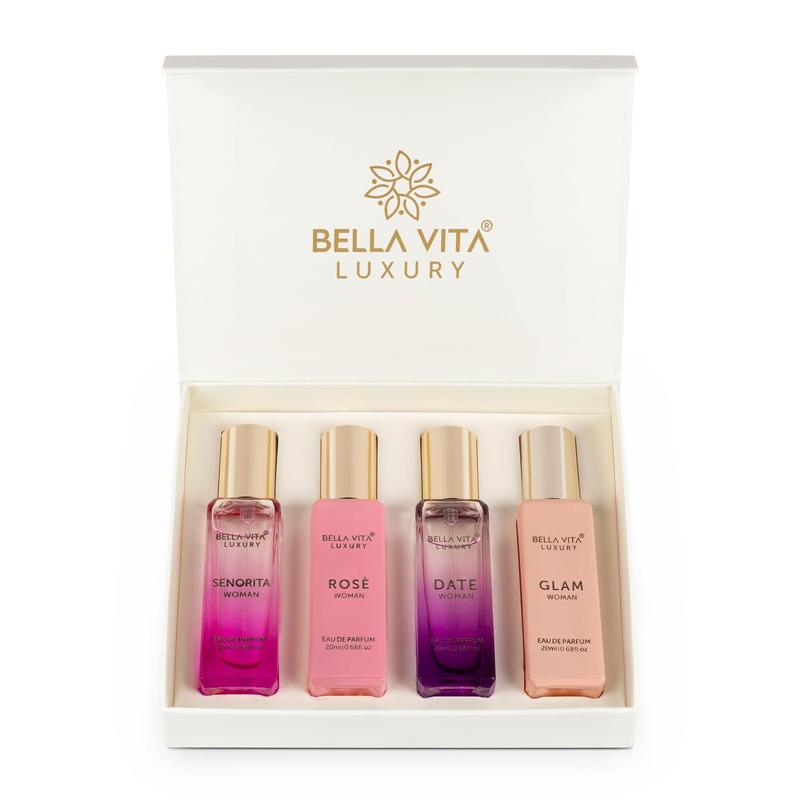 BellaVita Luxury's Perfume Gift Set For Women | 4 Luxury Minis | Long Lasting |  Senorita, Rose, Date, Glam | Eau De Parfum | Portable Perfume Kit