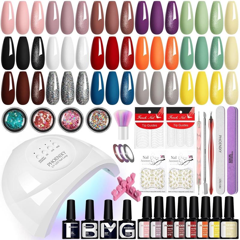 Gel nail polish kit with U V light 40 pcs Black Red White pink green Grey Brown purple blue gel nail polish set with 48W nail lamp gel nail kit gifts for women