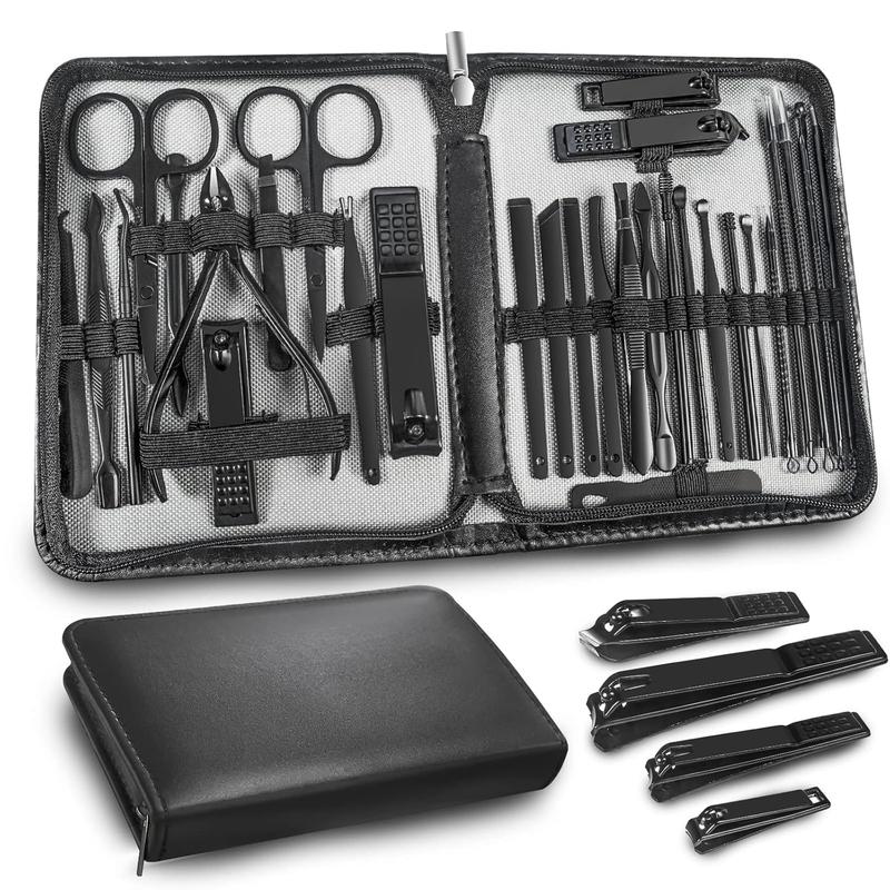 Manicure Set Personal Care Mens Grooming Kit, 30 In 1 Professional Manicure Kit Pedicure Kit,  Clippers for Men and Beauty Tool Portable Set, with Luxurious Travel Case (Black) Nail Nail Care Daily Gift