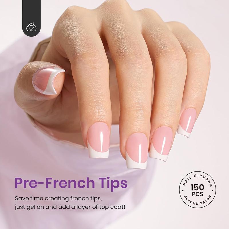 Beetles French Tip Press On Nails - 150 Pcs Pink Short Square French Gel Nail, Pre-Applied Primer, and Base Coat, No File Need 4-in-1 DIY Manicure for Nail Extension Designs and Gifting