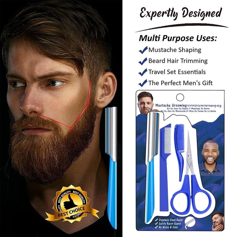 Mustache Scissors Grooming Kit Comb - Movember Travel Razor Mens Beard Trimmer Straight Edge Stainless Steel Shaping Tool For Men After Black Color Dye Goatee Shaper Clippers Balm Combs Wash Brush