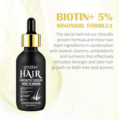 Hair Serum, 5% Minoxidil & Biotin for Hair Growth for Women & Men, Thicker Longer Fuller Hair, Topical Serum for Scalp Hair Care, 60ml