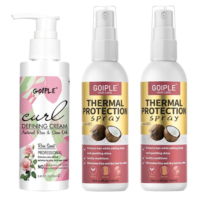 Curl Defining Cream & Thermal Protection Spray Set, 3 Counts set Moisturizing Hair Care Products, Hair Care & Hair Styling Products for Most Hair Types