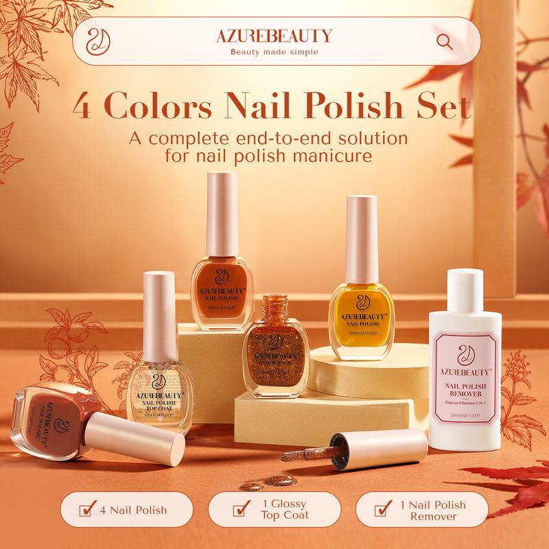 AZUREBEAUTY 4Colors Vegan Nail Polish Set, Quick Dry Nail Kit with Top Coat & Nail Polish Remover, Christmas Gift, Nail Art Nail Care Manicure