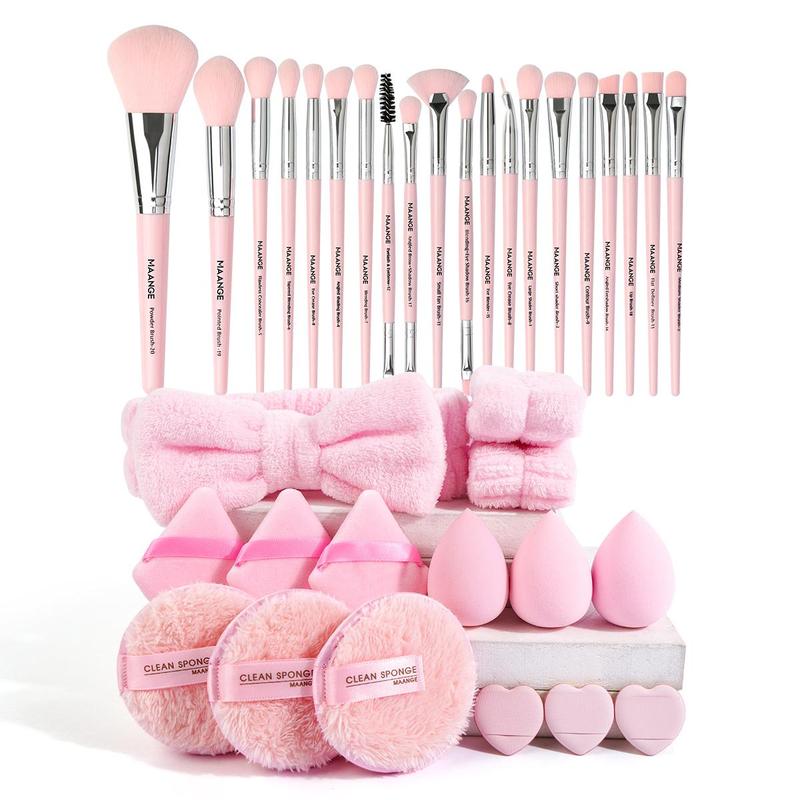 Professional Makeup Tool Set, 35pcs set Makeup Brush & Powder Puff & Headband & Wristband & Sponge Set, Portable Makeup Tools with Soft Fiber