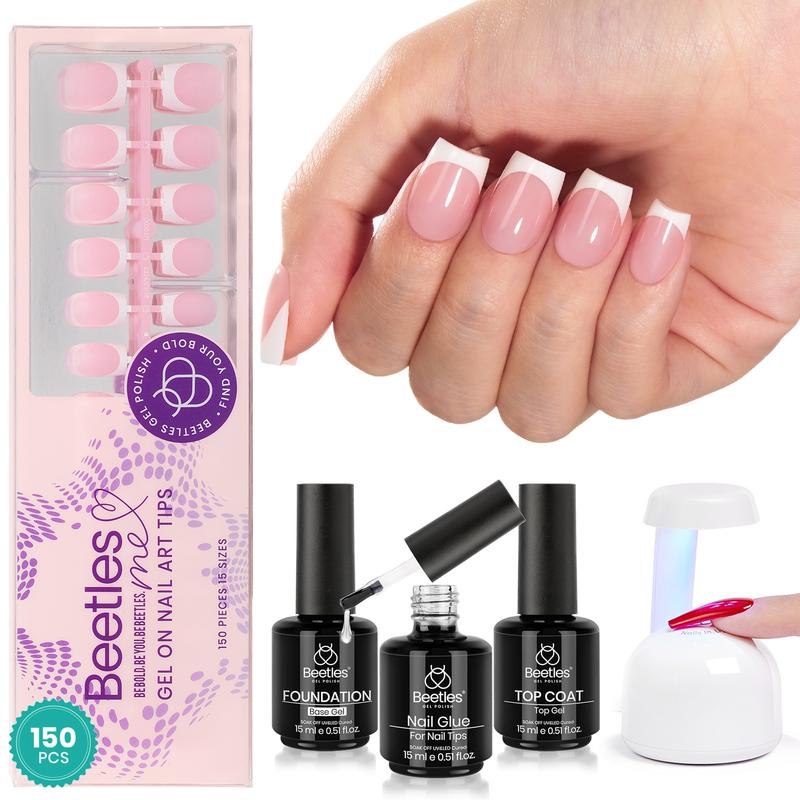 Beetles French Tip Press On Nails - 150 Pcs Pink Short Square French Gel Nail, Pre-Applied Primer, and Base Coat, No File Need 4-in-1 DIY Manicure for Nail Extension Designs and Gifting