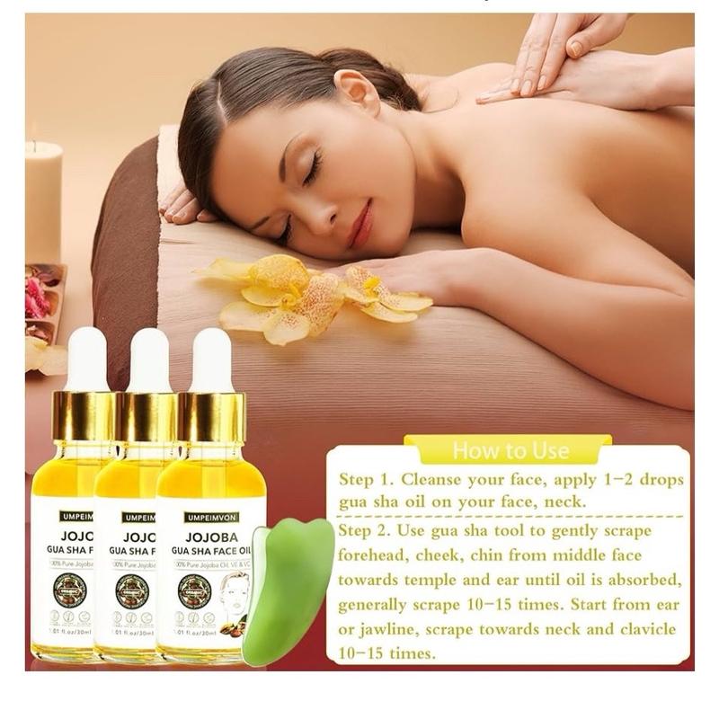 Gua Sha Facial Massage Oil with Guasha Tool Set, 99% Organic Jojoba Oil Cold Pressed Vitamin E and C for Face, Hair, Nails - 3 Pack