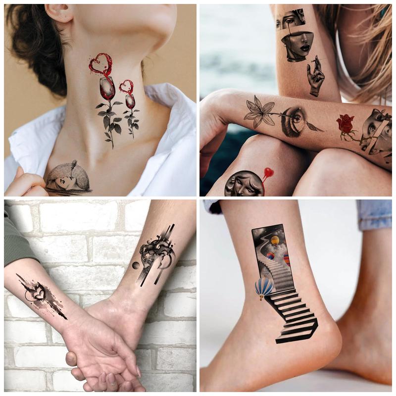 Temporary Tattoos for Adults: 77 Sheets, Abstract Surreal Style, Snake Tears, Clocks, Planets, Meditation Patterns, Waterproof