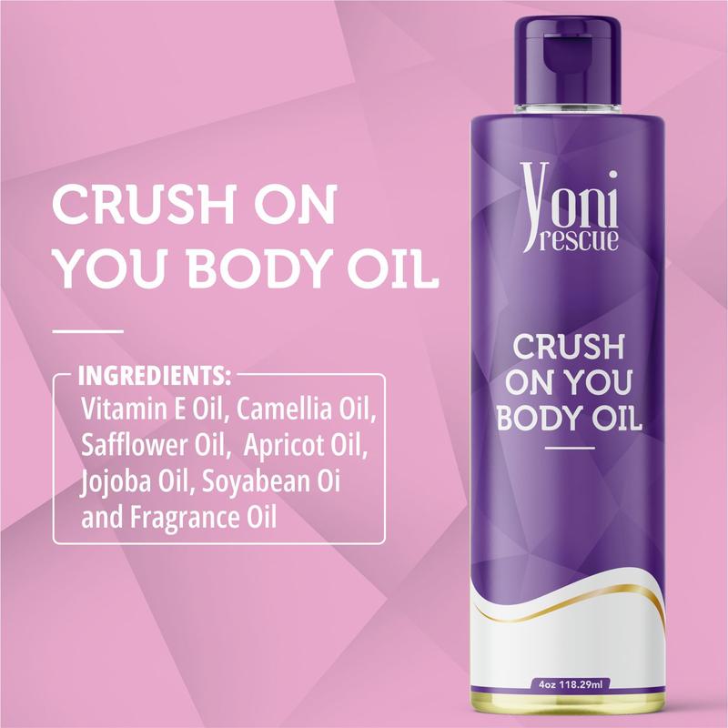 Crush On You Body Oil, 4oz,  with Apricot, Jojoba, Avocado Oils & Vitamin E Oil, Daily Moisturizer, Fast-Absorbing, Nourishes and Hydrates Skin , Skin Repair, Body Care, Ideal for All Skin Types, Jasmine & Honey Suckle Scented Fragrance by Yoni Rescue