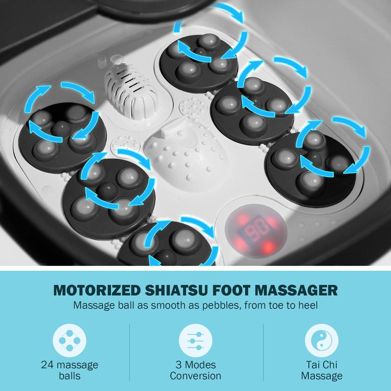 Electric Motorized Foot Spa with Heat, Bubble Massage, Remote Control, 24 Shiatsu Massage Balls for Stress Relief and Pedicure (Black)