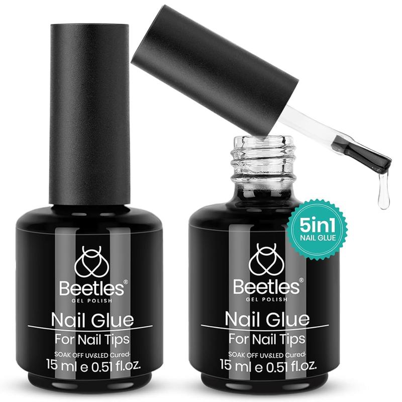 beetles Gel Polish 5 In 1 Nail Glue and Base Gel Kit for Acrylic Nails,2 Pcs 15ml Super Strong Brush in Nail Gel Glue for False Nails Tips and Gel Nail Polish Led Lamp Required Nail Art Gift