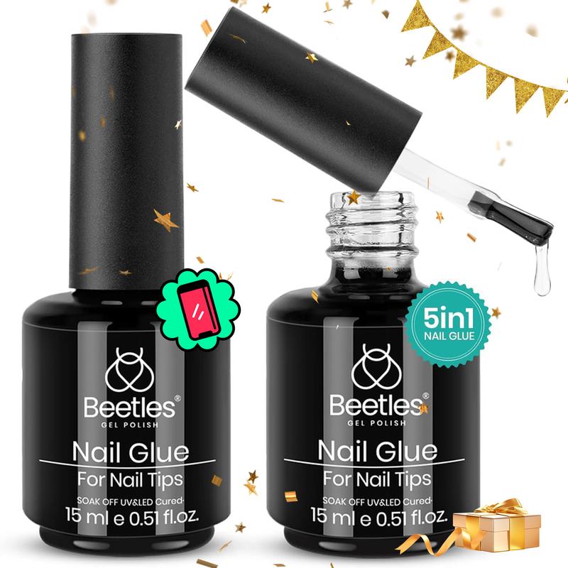 beetles Gel Polish 5 In 1 Nail Glue and Base Gel Kit for Acrylic Nails,2 Pcs 15ml Super Strong Brush in Nail Gel Glue for False Nails Tips and Gel Nail Polish Led Lamp Required Nail Art Gift