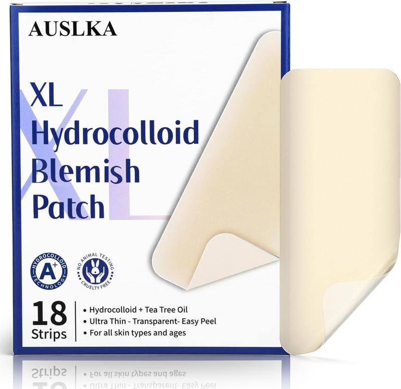 AUSLKA Large Blemish Patches XL -18 Strips - Hydrocolloid Patch for Covering Zits - Spot Stickers - Vegan and Cruelty for Face and Skin