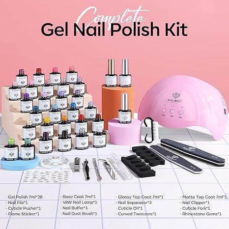 Modelones 28 Colors Gel Nail Polish Kit With U V Light Nail Dryer Lamp, 45pcs Soak Off Nail Gel Manicure Set Starter Kit No Wipe Base & Top Coat Bond Primer Diy Home Nail Curing Gift For Women