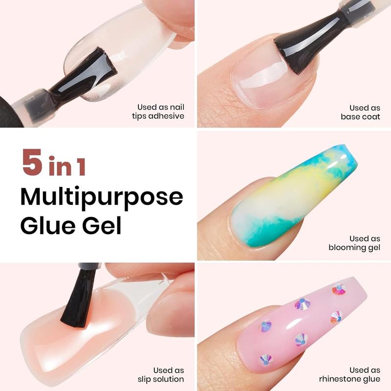 beetles Gel Polish 5 In 1 Nail Glue and Base Gel Kit for Acrylic Nails,2 Pcs 15ml Super Strong Brush in Nail Gel Glue for False Nails Tips and Gel Nail Polish Led Lamp Required Nail Art Gift