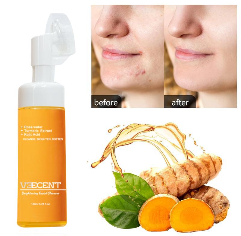 NEW 150ml - Veecent Turmeric + Kojic Acid Foaming Facial Cleanser + Silicone Brush Cleansing Skincare, Comfort Skin Repair Facial Wash