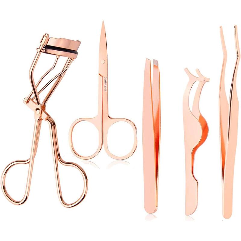 5 Pieces Eyelash Applicator Tool False Eyelashes Applicator Eyebrow Curler Eyebrow Scissors (Rose Golden)