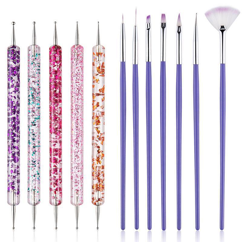 Nail Art Tool Set, 12pcs set Double-ended Nail Dotting Pen & Nail Art Brush, Professional Manicure Tool for Home & Salon Use