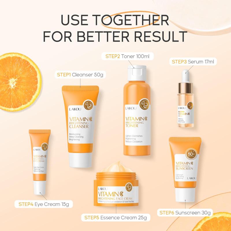 Vitamin C Skincare Kit, 6 Counts set Facial Cleanser & Refreshing Toner & Facial Moisturizer & Eye Cream & Hydrating Face Essence & Sun Care Cream, Women's Personal Care Products, Skin Care Products