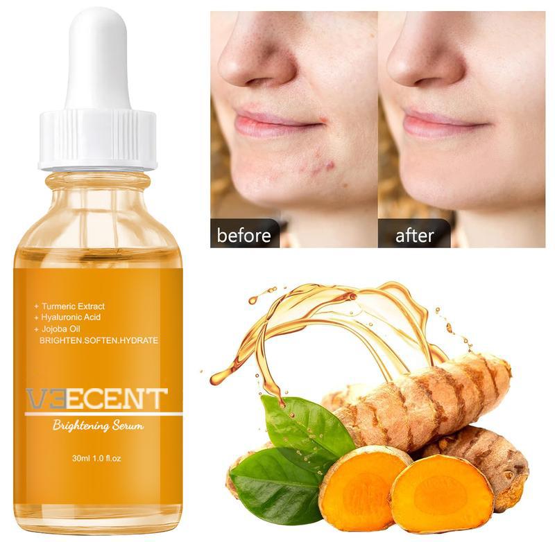 NEW-Veecent Brightening Turmeric Hyaluronic Acid Serum-Brighten +Turmeric and Kojic Cleansing Pads Daily Gentle Cleanser Cosmetic