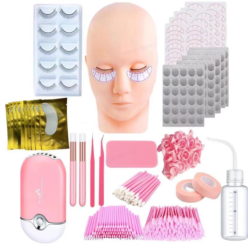 Eyelashes Extensions Kit, Professional Eyelash Grafting Training Tools, Including Mannequin Head, Practice False Lashes, Glue Ring, Tweezers, Lash Glue, Fan, Under Eye Gel Pads, Complete Eye Makeup Practice Kit, Christmas Cosmetic Tool, Summer Makeup Gift